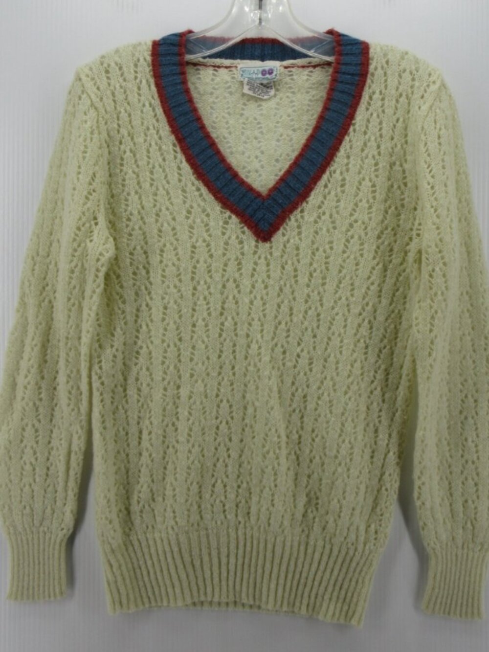 VINTAGE Huk A Poo Sweater Large White Pullover Pointelle Sheer 80s